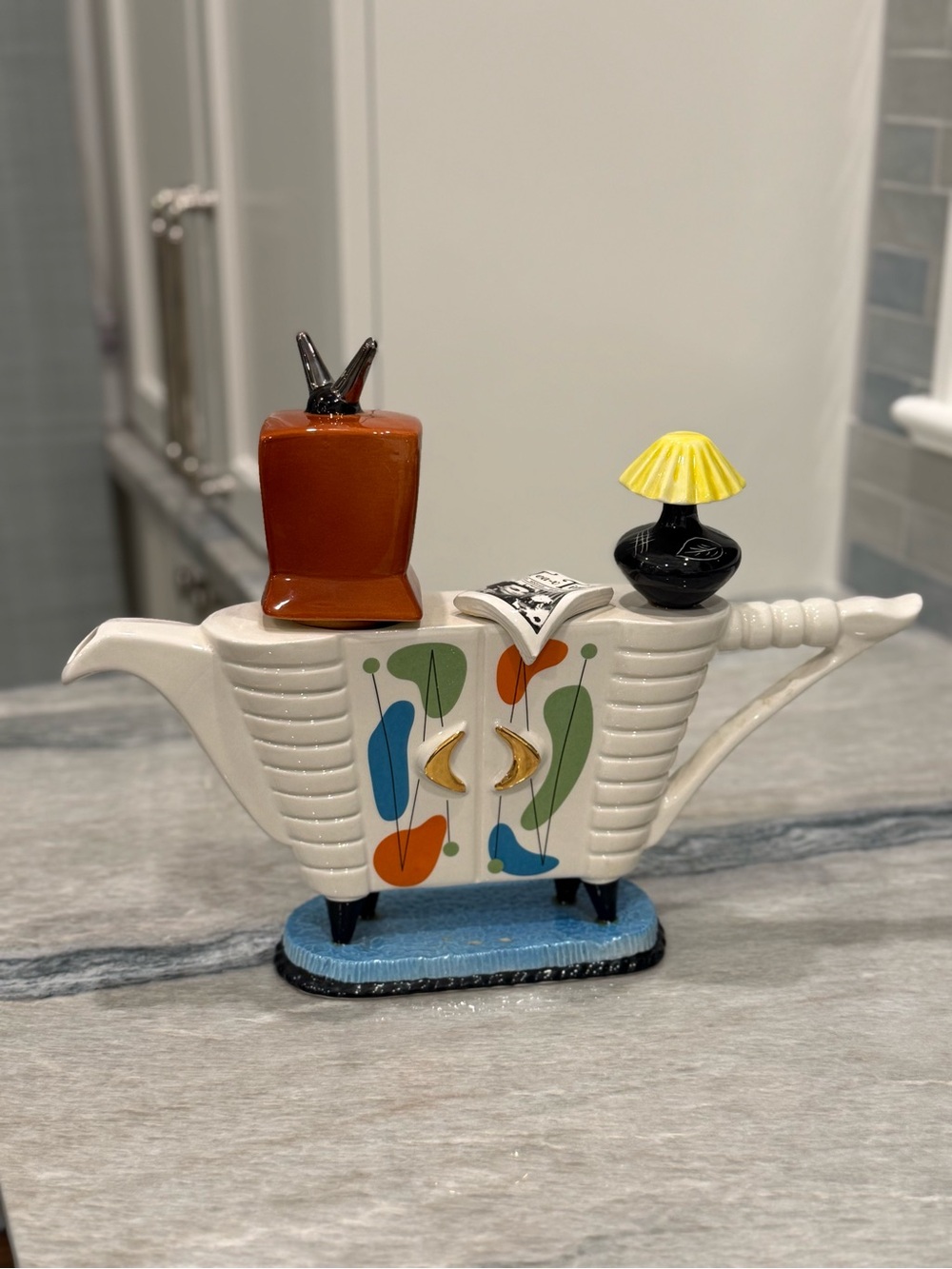 Mid-Century Style Ceramic Teapot Figurine in White with Multicolor Accents
